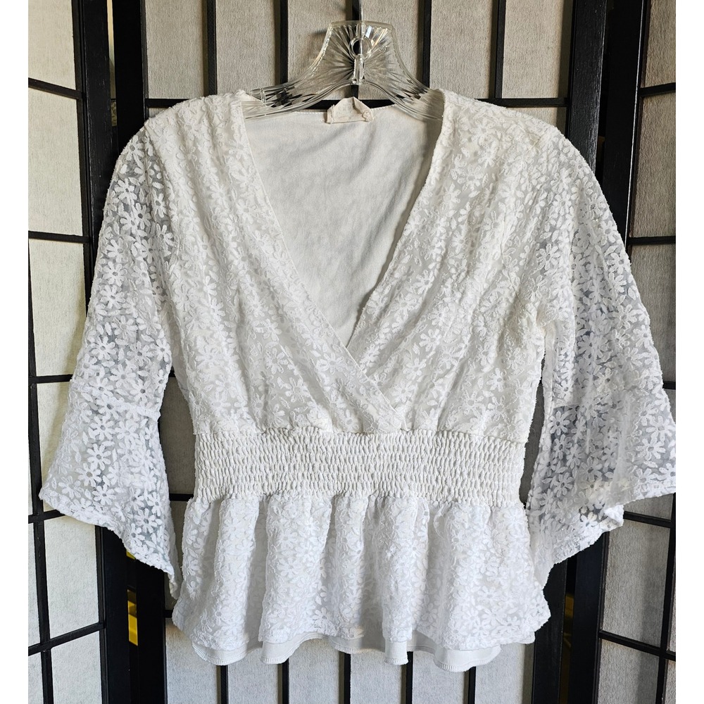 EMBER White Floral Lace Peplum Blouse Boho Flutter Sleeve Top Women's M - Picture 2 of 8
